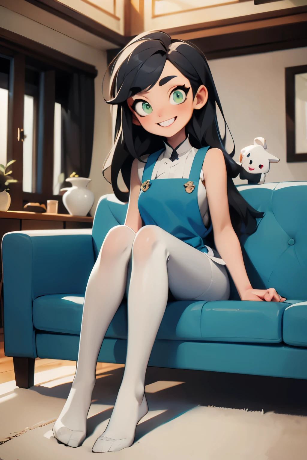 AliceMadness,long black hair, green eyes, blue dress, white apron, striped pantyhose, looking at viewer, smiling, teeth, sitting, on sofa, legs crossed, holding a knife, inside cozy living room, playful ambiance, high quality, masterpiece 