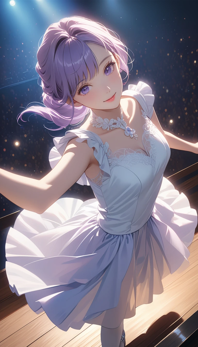 (super masterpiece　Ultra high quality　Ultra HD　Ultra-high resolution) Lo-fi style、anime、(Dancing with a smile on stage at a live concert１９Old woman)、（A pose with both hands intertwined above）(Anatomically correct)、Beautiful Eyes(eye) Hair is neck length、Hair color is light purple、Live dress costume、The skirt is a little longer、(Anatomically correct)、neon、Spotlight、Sweat、(Stylish)、 (A dim and moody atmosphere)、Close-up image taken from above、Ecstasy,Realistic, Art Transit, The best light, Cinematic Color Grade, This image is very artistic, Shooting in the style of José Villa, Art Fine, 8K Ultra HD.