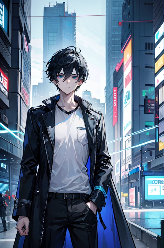 초상화, Face_through_torso, A well-groomed male protagonist with short, sleek black hair and sharp blue eyes. He has a faint smile on his face, giving off a calm and confident demeanor. He is wearing a black t-shirt underneath a white trench coat with blue neon lines running along some parts of it, reflecting a cyberpunk design. His left hand is casually tucked into the pocket of the trench coat, while his right arm hangs naturally by his side.