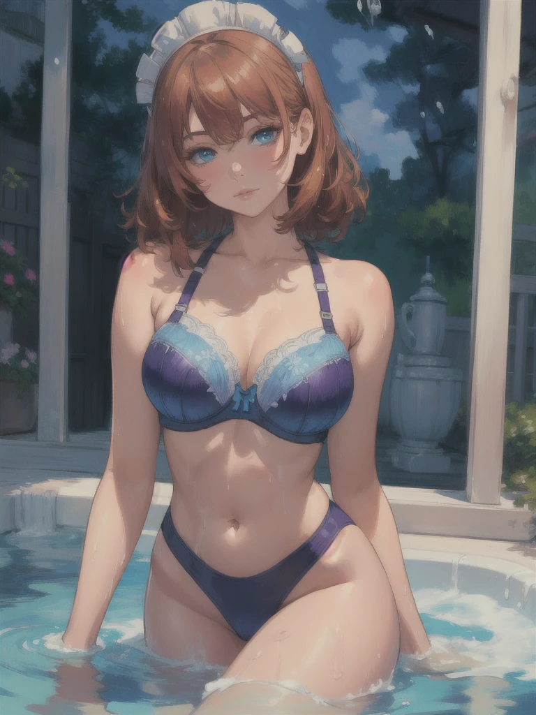  ((3mmy, maidheadpiece, bathing suit, bra)) ( Beautiful, Perfect face, Perfect eyes),water painting, ::2 " posing, realistic, professional photography, glo-fi, (accent lighting), (((impressionism))), 