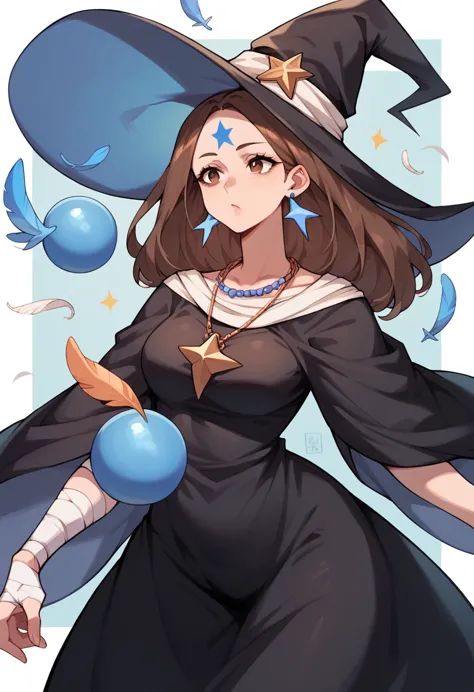 mature woman, brown hair(falling on the face), long witch hat with feathers ,brown eyes, long black dress with blue stripes ,blu...