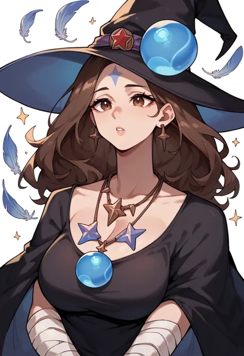 mature woman, brown hair(falling on the face), long witch hat with feathers ,brown eyes, long black dress with blue stripes ,blu...