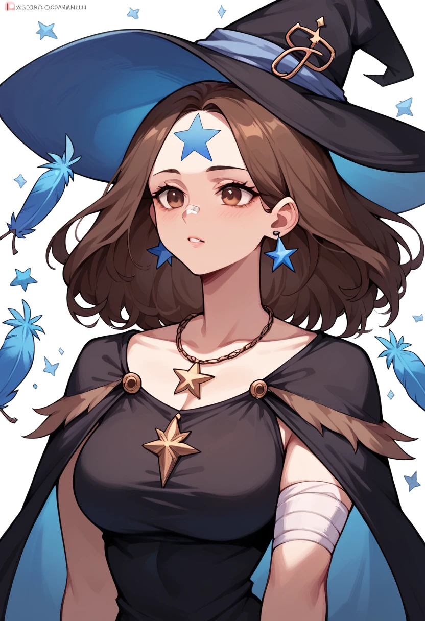 mature woman, brown hair(falling on the face), long witch hat with feathers ,brown eyes, long black dress with blue stripes ,blue star necklace, white stripe on the forehead  ,bandages on the forehead  blue ball earrig,black stripe ,rpg style