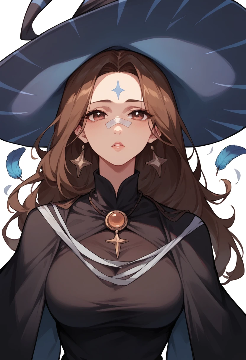 mature woman, brown hair(falling on the face), long witch hat with feathers ,brown eyes, long black dress with blue stripes , white stripe on the forehead  ,bandages on the forehead ,black stripe ,rpg style