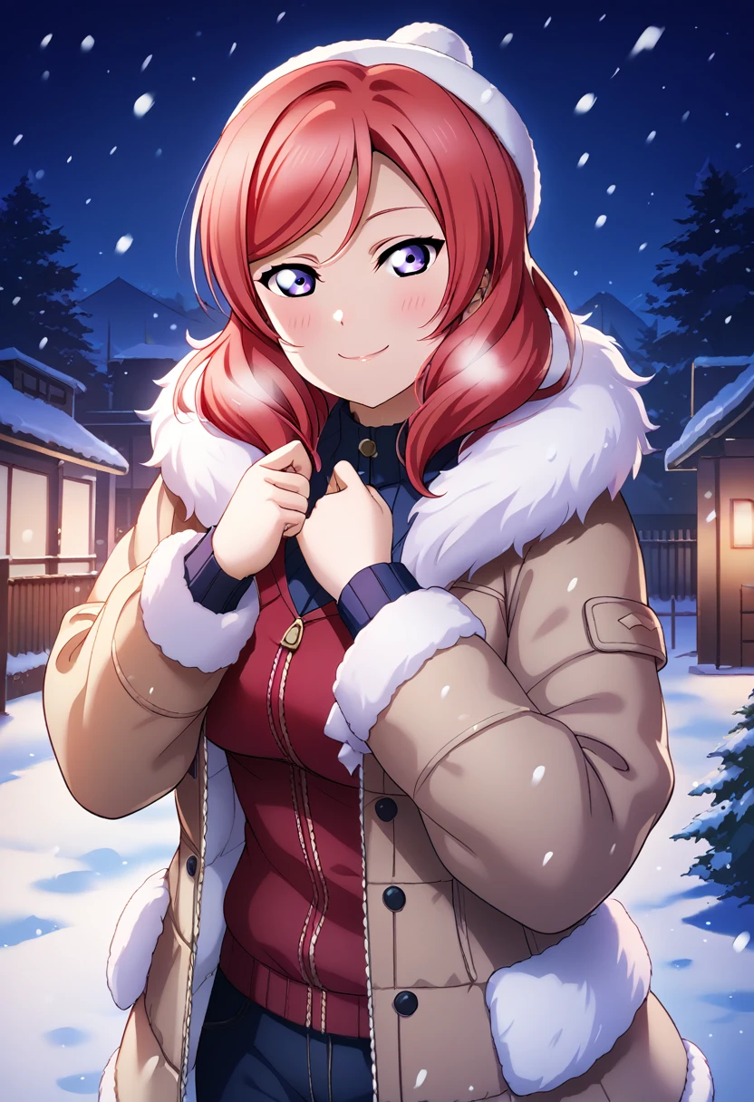 score_9, score_8_up, score_7_up, score_6_up, source_anime, 1girl, nishikino maki, love live!, red hair, purple eyes, medium hair, large breasts, winter clothing, night, outdoor, fur trim, snow, solo, looking at viewer, jacket, blush, long sleeves, smile, fur-trimmed jacket, snowing,