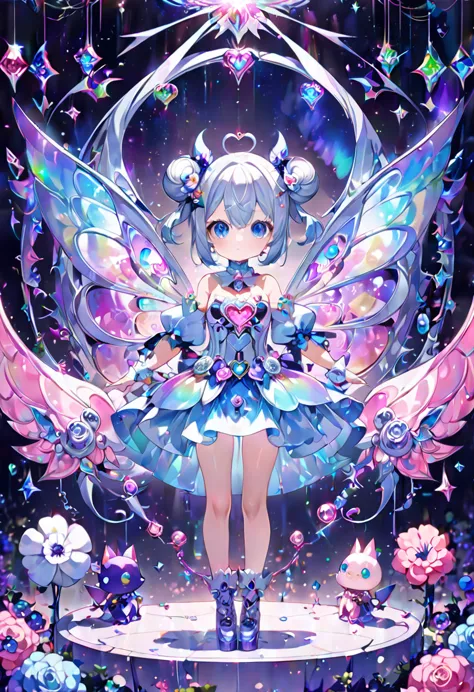 fantasy world that combines flower-punk and gem-punk, kawaii, cute magical girl, silver two side twin bun silky straight with bl...