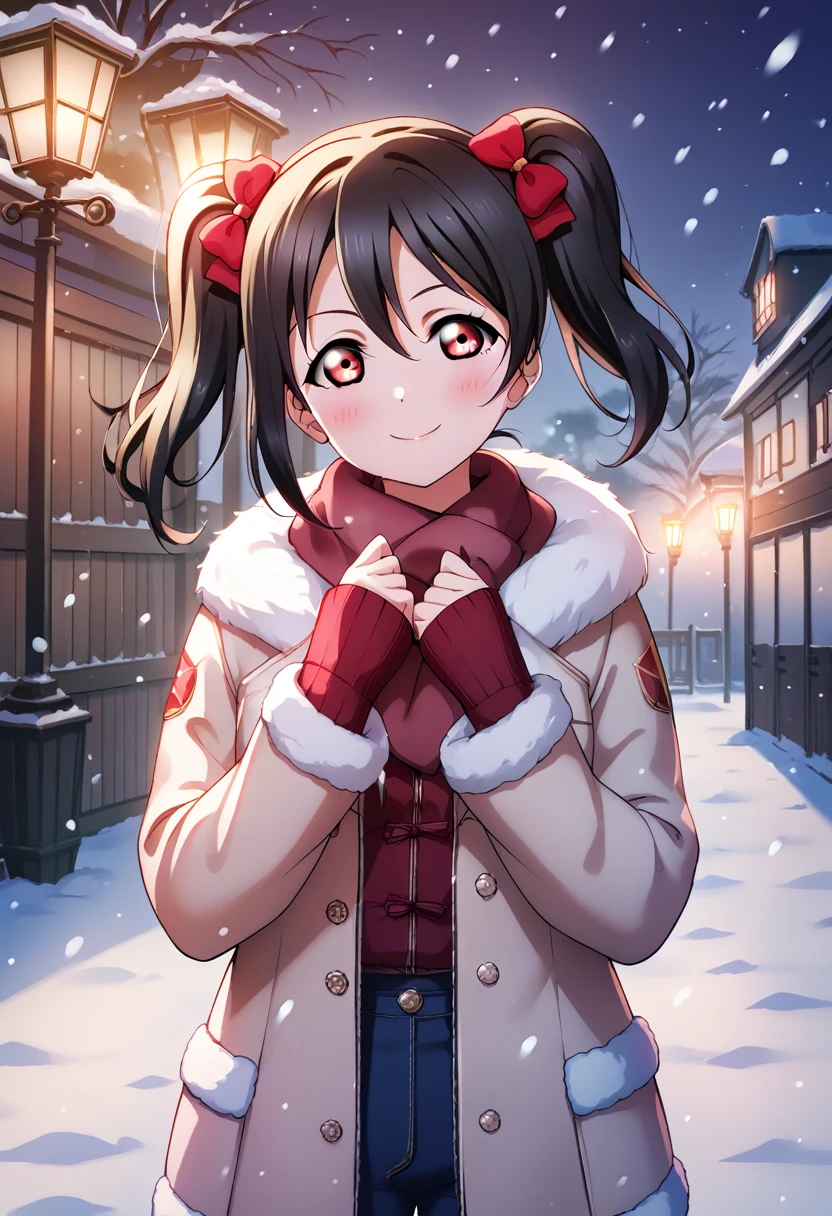 score_9, score_8_up, score_7_up, score_6_up, source_anime, 1girl, yazawa nico, love live!, black hair, red eyes, twintails, medium hair, medium breasts, winter clothing, night, outdoor, fur trim, snow, solo, looking at viewer, jacket, blush, long sleeves, smile, fur-trimmed jacket, snowing, hair between eyes 