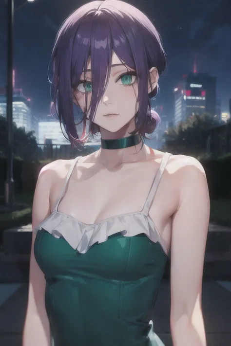 (highest quality)、(highest quality)、cut、chainsaw man、cute、(choker).eyes are emerald、her hair is purple、short bob、beautiful night...