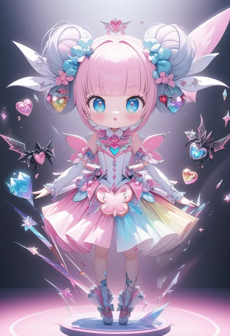 fantasy world that combines flower-punk and gem-punk, kawaii, cute magical girl, silver two side twin bun silky straight with bl...