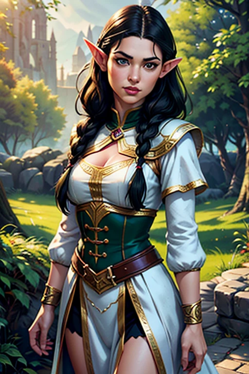 female elf with long black hair in braids, round face, green and white fantasy clothing, standing in fantasy town, fantasy character, highly detailed, intricate, best quality, 4k, 8k, highres, masterpiece, ultra-detailed, realistic, photorealistic, photo-realistic, HDR, UHD, studio lighting, ultra-fine painting, sharp focus, physically-based rendering, extreme detail description, professional, vivid colors, bokeh, fantasy art