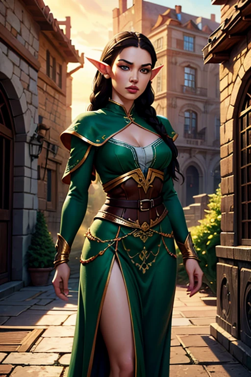 female elf with long black hair in braids, round face, green and white fantasy clothing, standing in fantasy town, fantasy character, highly detailed, intricate, best quality, 4k, 8k, highres, masterpiece, ultra-detailed, realistic, photorealistic, photo-realistic, HDR, UHD, studio lighting, ultra-fine painting, sharp focus, physically-based rendering, extreme detail description, professional, vivid colors, bokeh, fantasy art