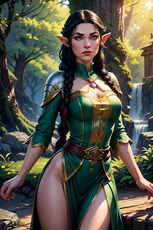 female elf with long black hair in braids, round face, green and white fantasy clothing, standing in fantasy town, fantasy character, highly detailed, intricate, best quality, 4k, 8k, highres, masterpiece, ultra-detailed, realistic, photorealistic, photo-realistic, HDR, UHD, studio lighting, ultra-fine painting, sharp focus, physically-based rendering, extreme detail description, professional, vivid colors, bokeh, fantasy art