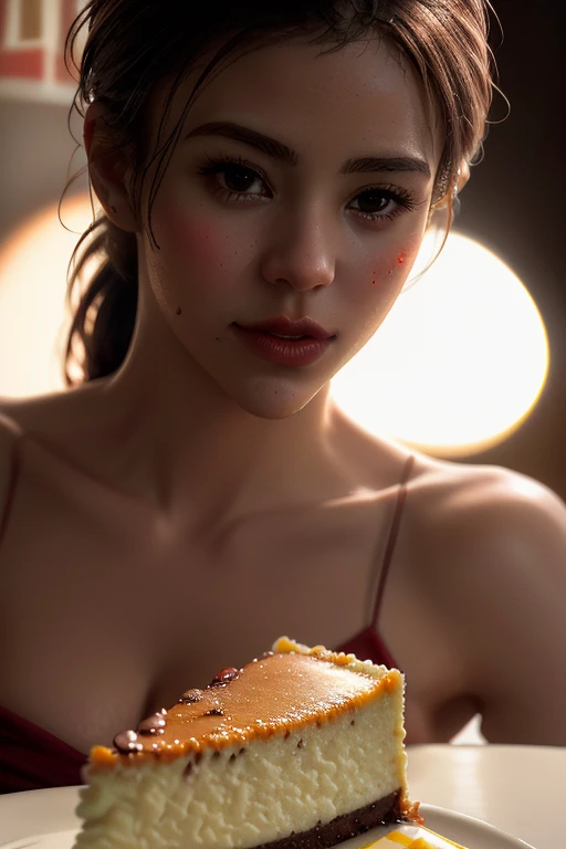 Photorealistic Appetizing slice of cherry cheesecake with chocolate, delicious, fragrant, close-up, highly detailed, intricate detail, raw photo, lifelike rendering, immersive atmosphere, chiaroscuro, moody lighting, candaceowens ((covered in cheese cake))