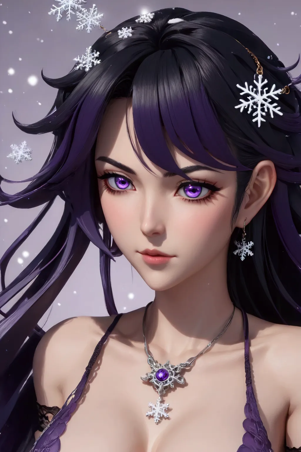 evil anime human woman. half-up long black hair. fair skin. purple eyes. gigantic boobs. lingerie. snowflake necklace. mauve smi...