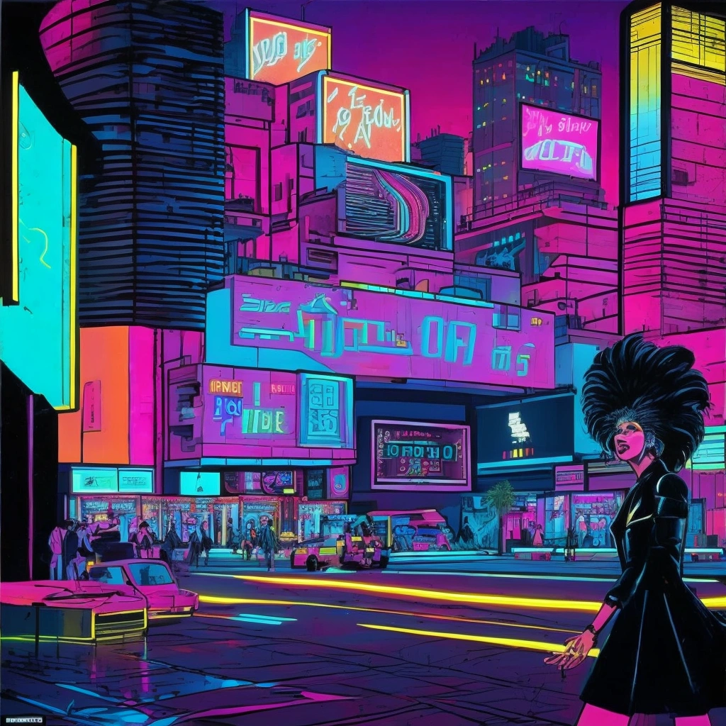 A vibrant 1980s city street, bustling with neon lights and electronic billboards. In the foreground, a bold figure with big hair, bold makeup, and a metallic jacket struts confidently down the sidewalk. She exudes charisma and confidence, perfectly in sync with the electronic beats of the era. Surrounding her are visuals of TVs, radios, and club scenes, showcasing the song’s pervasive presence in the media. The atmosphere is lively, with bright neon colors and a dynamic, energetic vibe that captures the essence of the 1980s music scene. (Size: 1024x1024)

