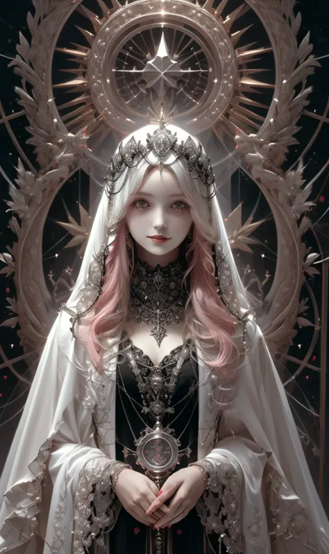 goddess, gothic futurism style, highly detailed illustration, uhd images, gorgeous costume details, black and pink、light、beautif...