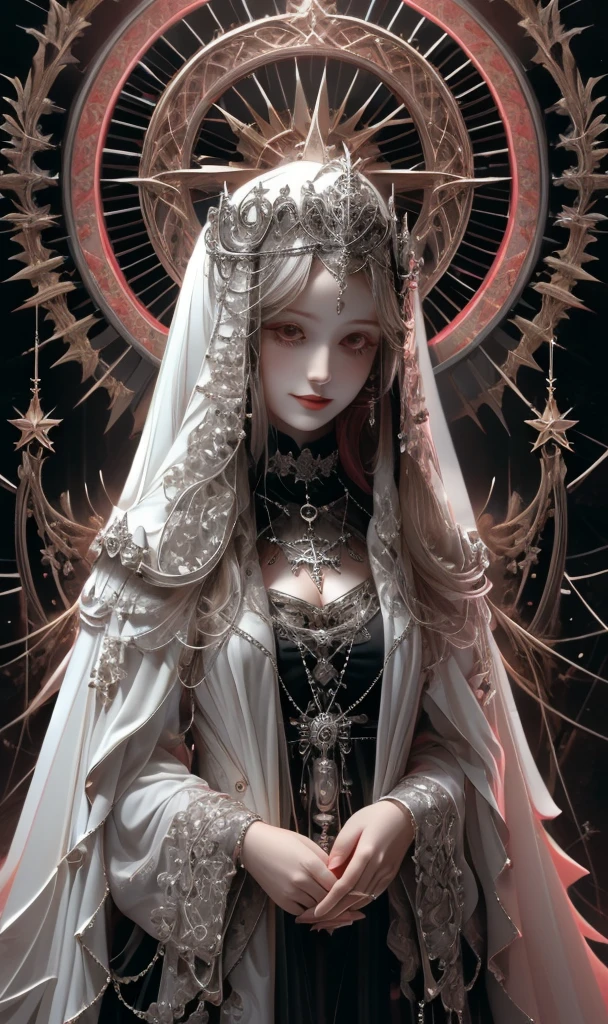 goddess, Gothic Futurism style, Highly detailed illustration, uhd images, Gorgeous costume details, Black and Pink、Light、beautiful、Virgin Solo, High resolution, Long Hair, smile, masterpiece, Anatomically correct, Winner of numerous awards, Highest quality, 