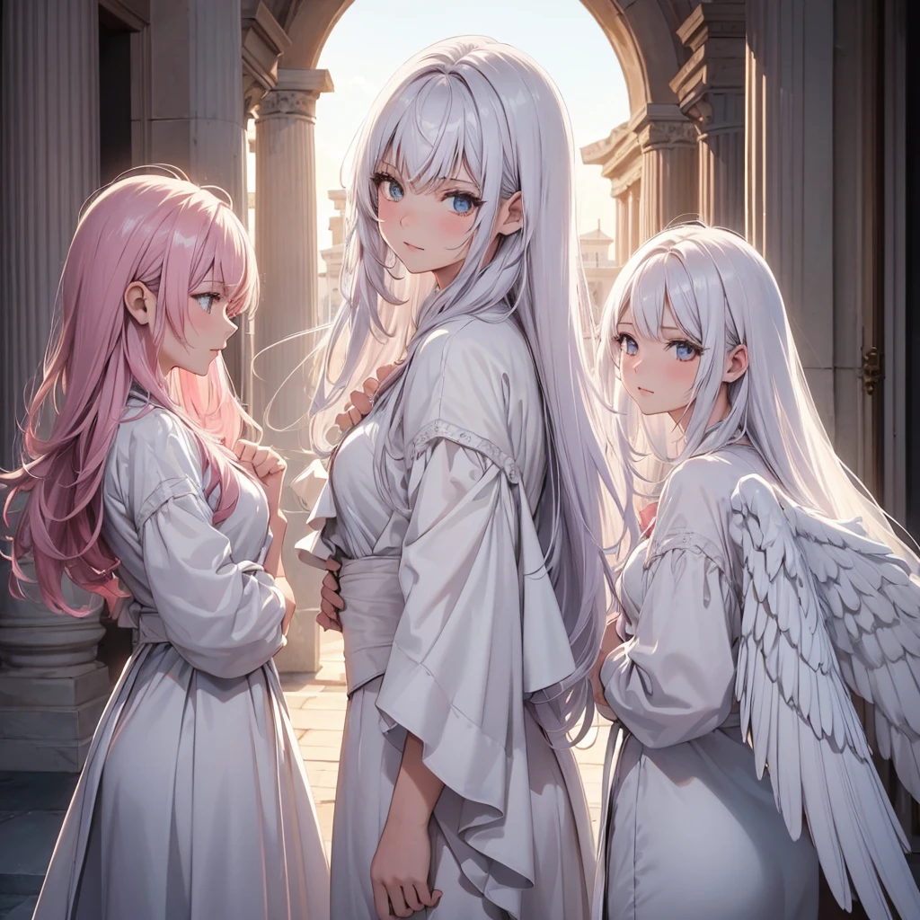 ((the three angel girls, best quality)), Delicate face, Character Design Sheet，whole body, Perfect proportion，Rich in details, Multiple poses and expressions, Very detailed, Martial Arts Girl，1st Girl with white wings, short bob red Gradient hair color，Golden，Delicate eyes, see through，2nd Angel Wings Girl，pink long hair cloud，High balance, Halo，3rd angel wings girl, white long hair, Natural light，Starlight decoration，Background greek temple, the three girls