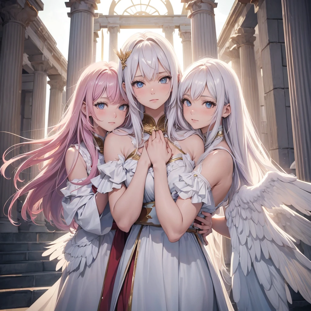 ((the three angel girls, best quality)), Delicate face, Character Design Sheet，whole body, Perfect proportion，Rich in details, Multiple poses and expressions, Very detailed, Martial Arts Girl，1st Girl with white wings, short bob red Gradient hair color，Golden，Delicate eyes, see through，2nd Angel Wings Girl，pink long hair cloud，High balance, Halo，3rd angel wings girl, white long hair, Natural light，Starlight decoration，Background greek temple, the three girls