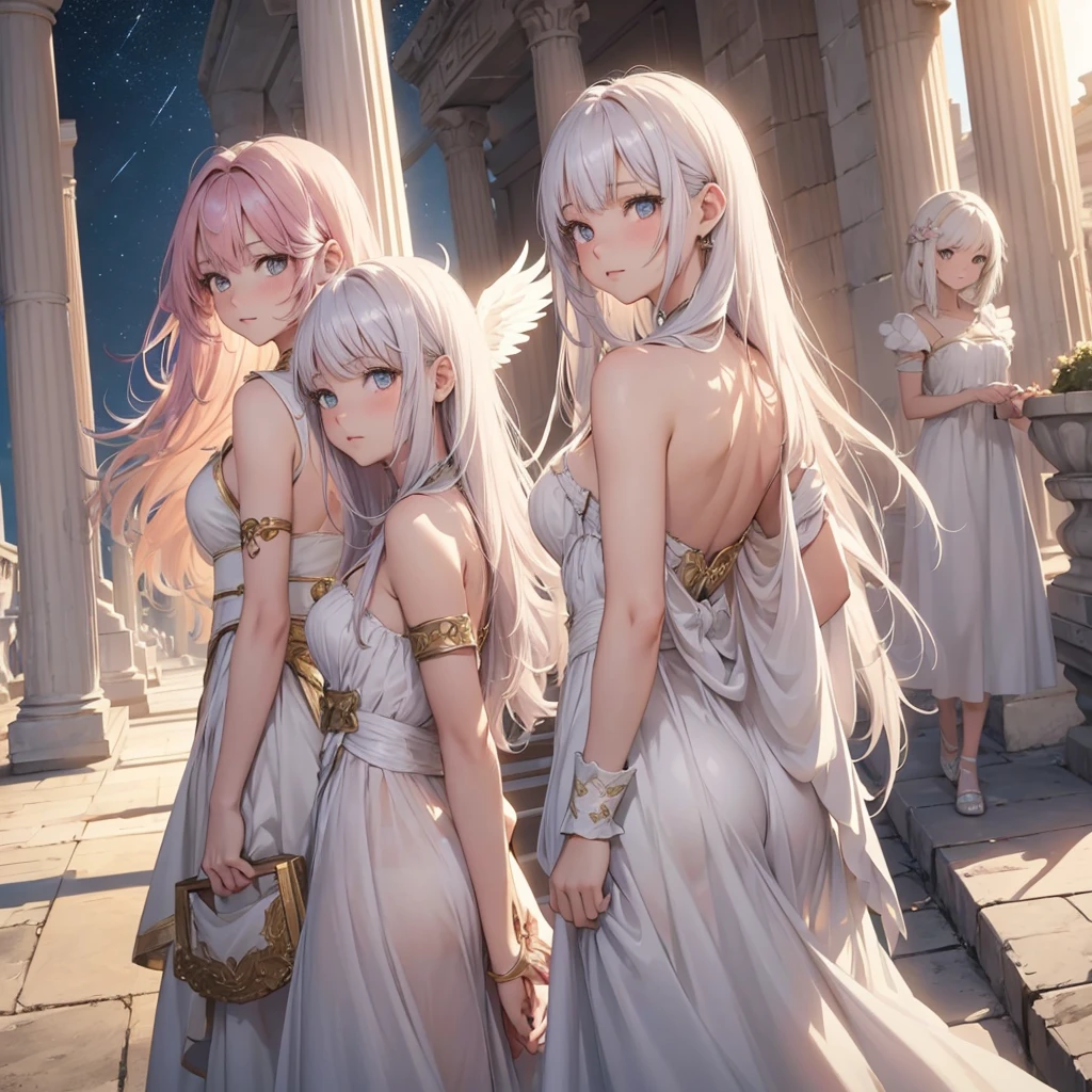 ((the three angel girls, best quality)), Delicate face, Character Design Sheet，whole body, Perfect proportion，Rich in details, Multiple poses and expressions, Very detailed, Martial Arts Girl，1st Girl with white wings, short bob red Gradient hair color，Golden，Delicate eyes, see through，2nd Angel Wings Girl，pink long hair cloud，High balance, Halo，3rd angel wings girl, white long hair, Natural light，Starlight decoration，Background greek temple, the three girls