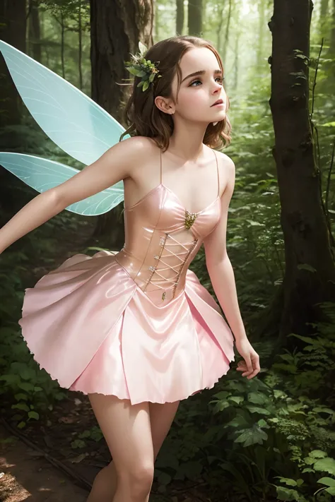 a beautiful teenager emma watson as a fairy in the forest. her vibrant, youthful features create a stunning juxtaposition of eth...