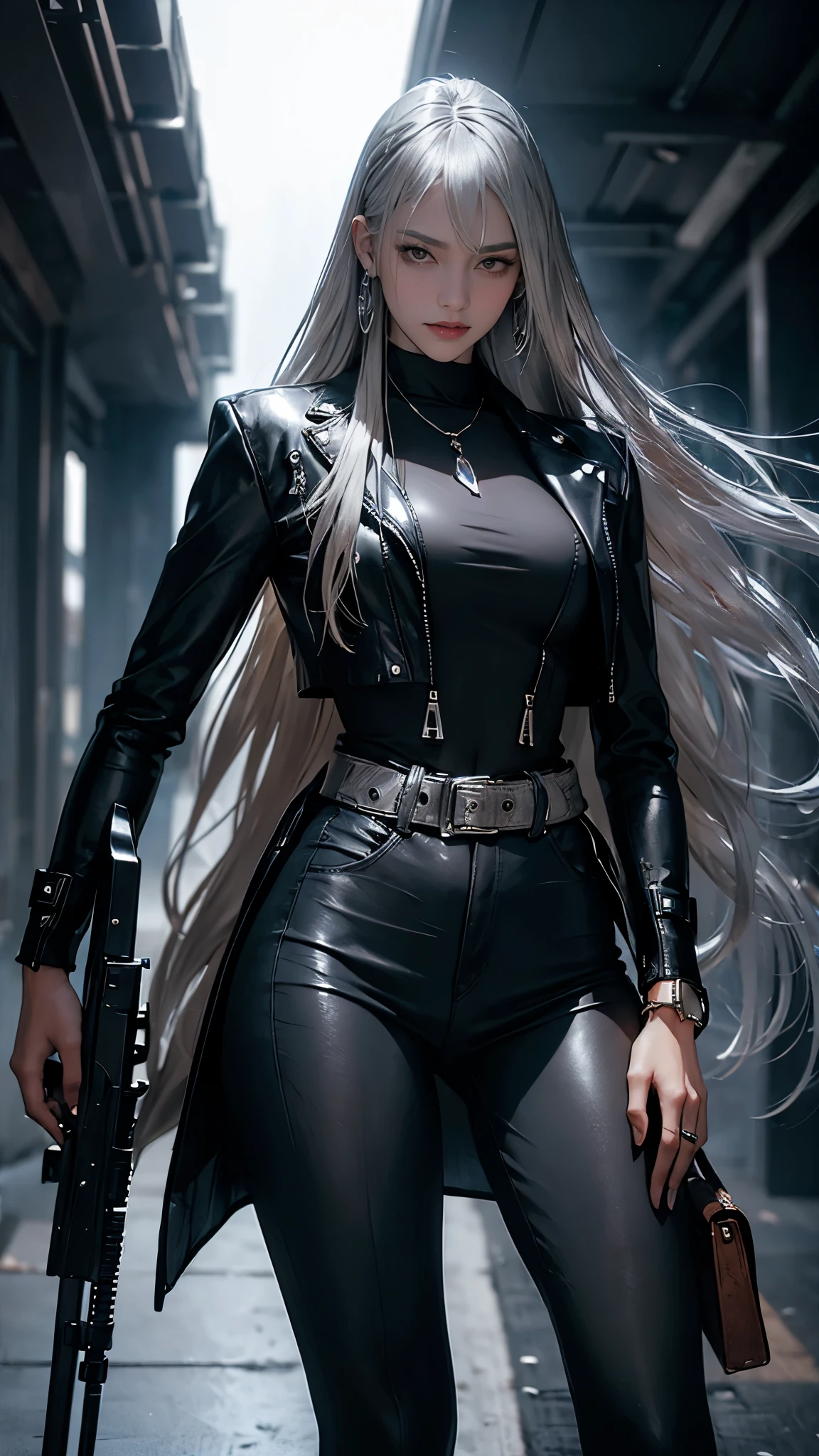 (long silver hair:1.5),Beautiful 25 year old Indian female vampire mercenary, brown skin, (Wearing a blue leather jacket and tight black pants.;1.3), Carrying a rifle, view from the front, waist shot, dynamic pose, Ambient lighting, photographic realism, Intricate facial details, Handcrafted details, very detailed, vivid colors, cinematic, high resolution, Popular styles Raw on Artstation