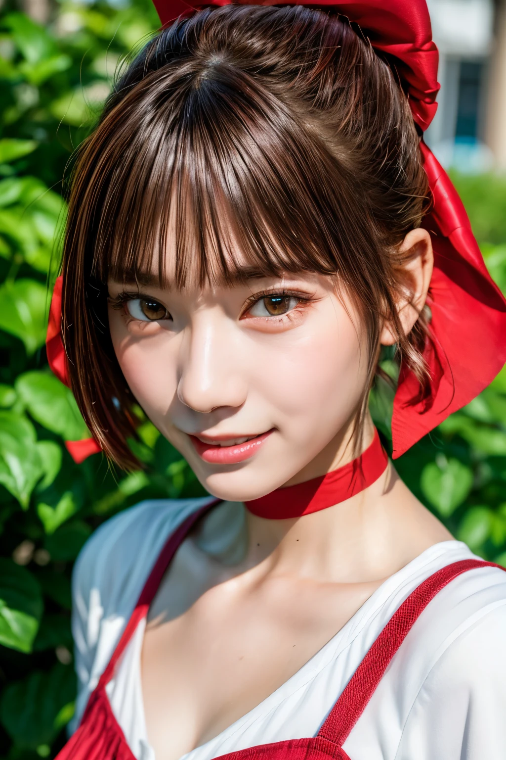  (photo-realistic,realistic:1.4), (best quality, masterpiece:1.2), RAW photo, high resolution, intricate details, extremely detailed, sharp focus, cinematic lighting,
solo, 1girl, a 14yo Japanese girl, (dynamic pose), (detailed face, beautiful detailed eyes, beautiful pupils, sophisticated nose), pale skin, (cheerful grin),
(brown hair, short hair, bangs), collarbone, cotton clothes, long sleeve, white shirt, blooch tie, (red cami dress), red choker, (red hair ribbon barrette), red ankle strap pumps, photo background, outdoors,
