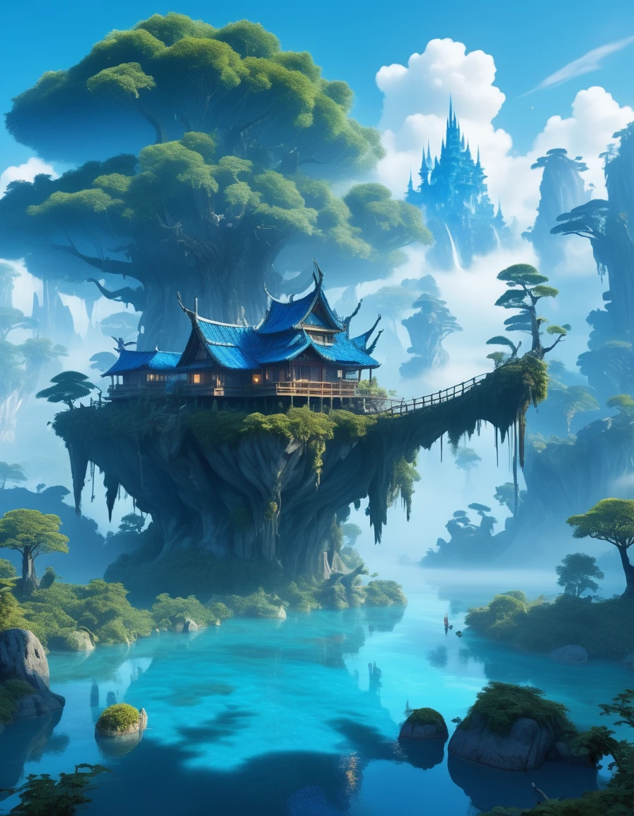 Its exterior is covered in bright blue fur.，Long tail，Magical Forest, and floating islands. Shining Sparkle, Mysterious fog, And a vibrant palette. Enjoy the beauty of Potma&#39;s artwork, Depicts fluffy monsters in surreal and magical environments.,(Potoma Style:1.05), detailed, ,