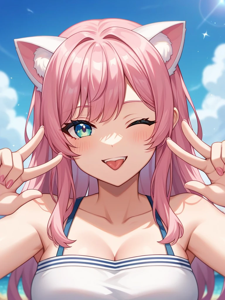 two heads, Adult, Female, long pink hair, winking, smiling, tongue out, vtuber, otaku bedroom, Masterpiece, Accurate, Anatomically Correct, Best Quality, High Details, Detail, Super Detailed, Best detail, Perfect detail, Amazing detail, [-3, 3], perfect hands, best hands, best fingers, perfect fingers, perfect body, best body, amazing body, Looking at viewer, front facing, upper body shot, Cat Ears, Close-Up,