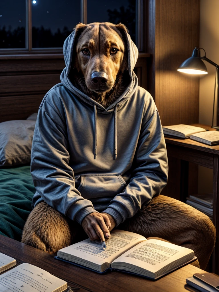 Brown Labrador wearing sweatshirt set sitting studying in bedroom on table books notebook at night with low lighting 