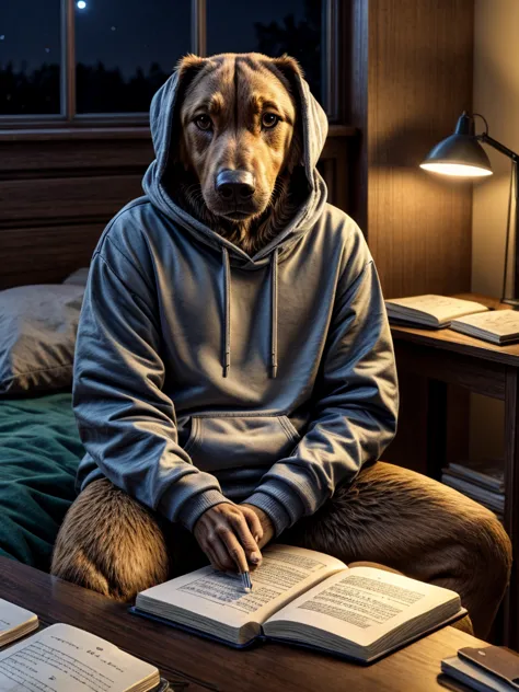 brown labrador wearing sweatshirt set sitting studying in bedroom on table books notebook at night with low lighting