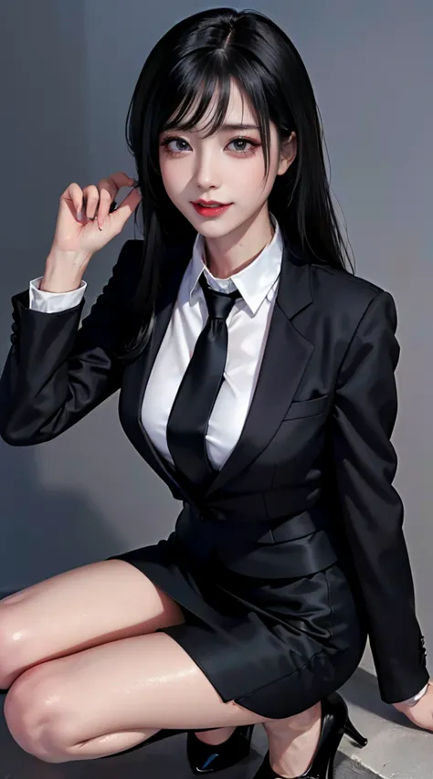 (8k, raw photo, highest quality, masterpiece:1.2), (realistic), 1 girl, ((black business suit, black pencil skirt, short skirt, ...