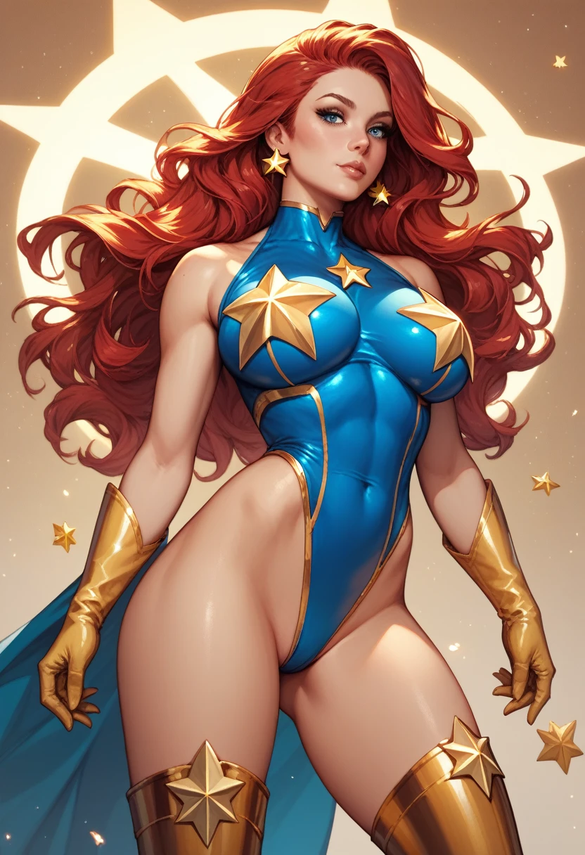 Sexy,Superheroine, Red hair, long hair, busty, ((blue highleg leotard with a t-back thong and a gold star insignia on chest)), gold boots, gold gloves