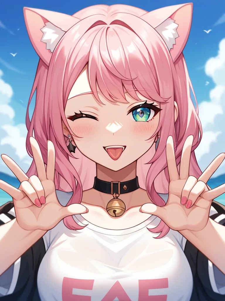 ((two heads)), Adult, Female, long pink hair, winking, smiling, tongue out, vtuber, otaku bedroom, Masterpiece, Accurate, Anatomically Correct, Best Quality, High Details, Detail, Super Detailed, Best detail, Perfect detail, Amazing detail, [-3, 3], perfect hands, best hands, best fingers, perfect fingers, perfect body, best body, amazing body, Looking at viewer, front facing, upper body shot, Cat Ears, Close-Up,