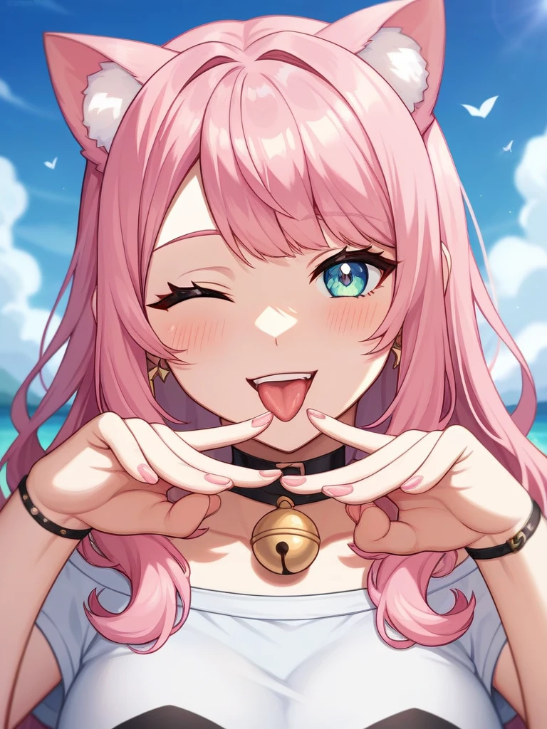 ((two heads)), Adult, Female, long pink hair, winking, smiling, tongue out, vtuber, otaku bedroom, Masterpiece, Accurate, Anatomically Correct, Best Quality, High Details, Detail, Super Detailed, Best detail, Perfect detail, Amazing detail, [-3, 3], perfect hands, best hands, best fingers, perfect fingers, perfect body, best body, amazing body, Looking at viewer, front facing, upper body shot, Cat Ears, Close-Up,