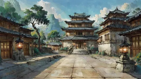 中国ink画,  masterpiece , best quality, ink画，guo chao，ink，xianxia scene，fantasy fairyland scene，pavilions，architecture具有东南亚特色，cloud...