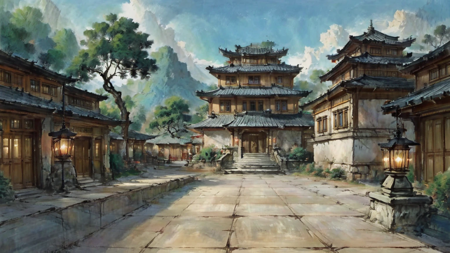 中国Ink画,  masterpiece , best quality, Ink画，Guo Chao，Ink，Xianxia scene，Fantasy fairyland scene，Pavilions，architecture具有东南亚特色，cloud雾缭绕，outdoor，Sky，daytime，cloud，Tree，Blue sky，nobody，window，plant，architecture，landscape，lantern，stairs，Potted plants，architecture，东亚architecture，landscape