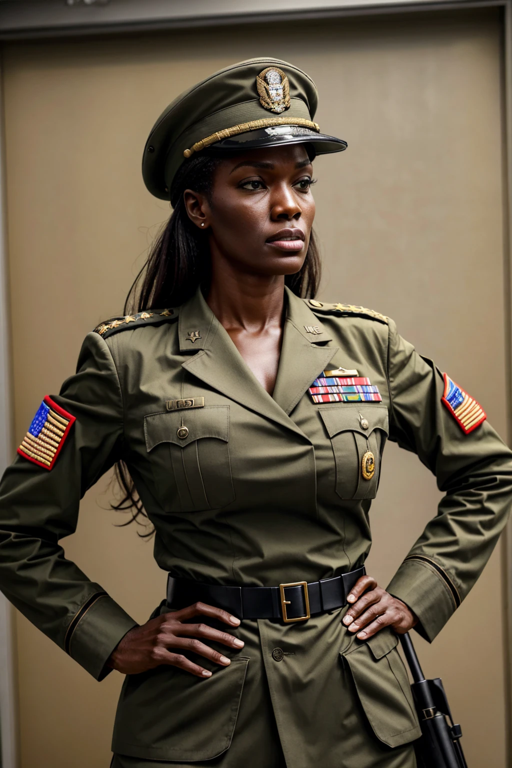 photo of iza woman, dressed as a US Army general {military uniform and hat}, on alert, looking angrily at the spectator, in a headquarters