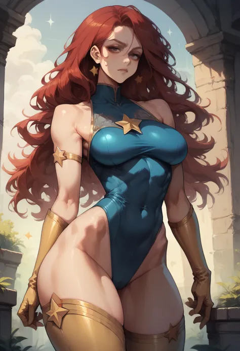 sexy,superheroine, red hair, long hair, busty, ((blue highleg leotard with a t-back thong and a gold star insignia on chest)), g...