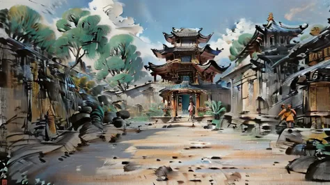 中国ink画,  masterpiece , best quality, ink画，guo chao，ink，（xianxia scene，fantasy fairyland scene，pavilions，architecture具有东南亚特色，clou...