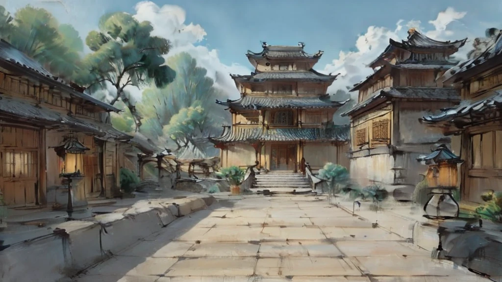 中国Ink画,  masterpiece , best quality, Ink画，Guo Chao，Ink，（Xianxia scene，Fantasy fairyland scene，Pavilions，architecture具有东南亚特色，cloud雾缭绕：1.5），outdoor，Sky，daytime，cloud，Tree，Blue sky，nobody，window，plant，architecture，landscape，lantern，stairs，Potted plants，architecture，东亚architecture，landscape