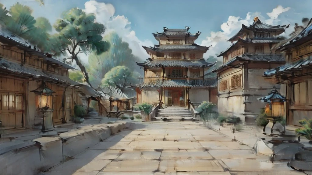 中国Ink画,  masterpiece , best quality, Ink画，Guo Chao，Ink，（Xianxia scene，Fantasy fairyland scene，Pavilions，architecture具有东南亚特色，cloud雾缭绕：1.5），outdoor，Sky，daytime，cloud，Tree，Blue sky，nobody，window，plant，architecture，landscape，lantern，stairs，Potted plants，architecture，东亚architecture，landscape