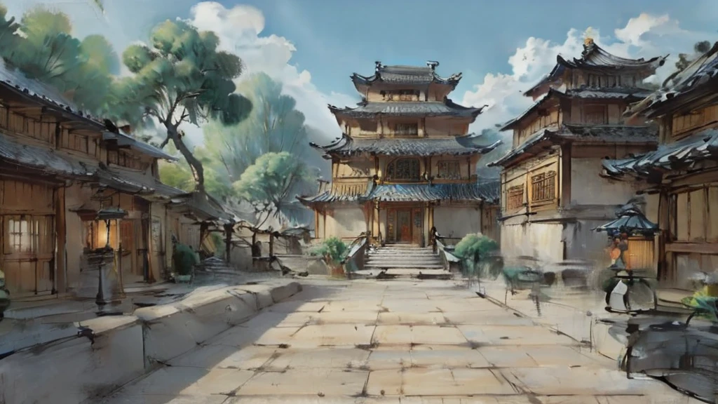 中国Ink画,  masterpiece , best quality, Ink画，Guo Chao，Ink，（Xianxia scene，Fantasy fairyland scene，Pavilions，architecture具有东南亚特色，cloud雾缭绕：1.5），outdoor，Sky，daytime，cloud，Tree，Blue sky，nobody，window，plant，architecture，landscape，lantern，stairs，Potted plants，architecture，东亚architecture，landscape