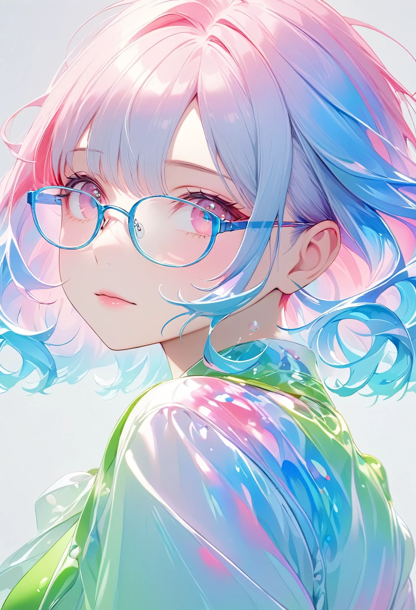 A girl with glasses.Highly detailed, Amazing work，Vitreous luster,((clean backdrop))，In pink，(((blue colors)))，green color，red colour，Best quality at best，clean backdrop。