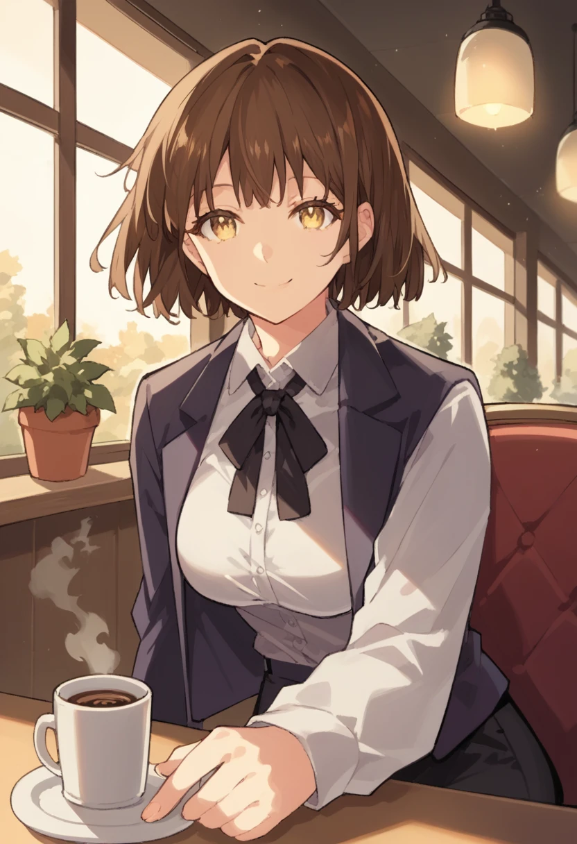 masterpiece, best quality, absurdres, score_9, score_8_up, score_7_up, source_anime, 1girl, yellow eyes, room, wariza, short hair, Shag haircut, dark brown hair, portrait, blazer, starshadowmagician, solo, Adult woman, best perfect anatomy, cafe, indoors, window, crowd, coffee, sitting, steam, looking at viewer, white shirt, Long-sleeved shirt, black tie, black trousers, upper body, smile, Shooting up close, Shooting from the side, hanging light, ceiling light, potted plant,