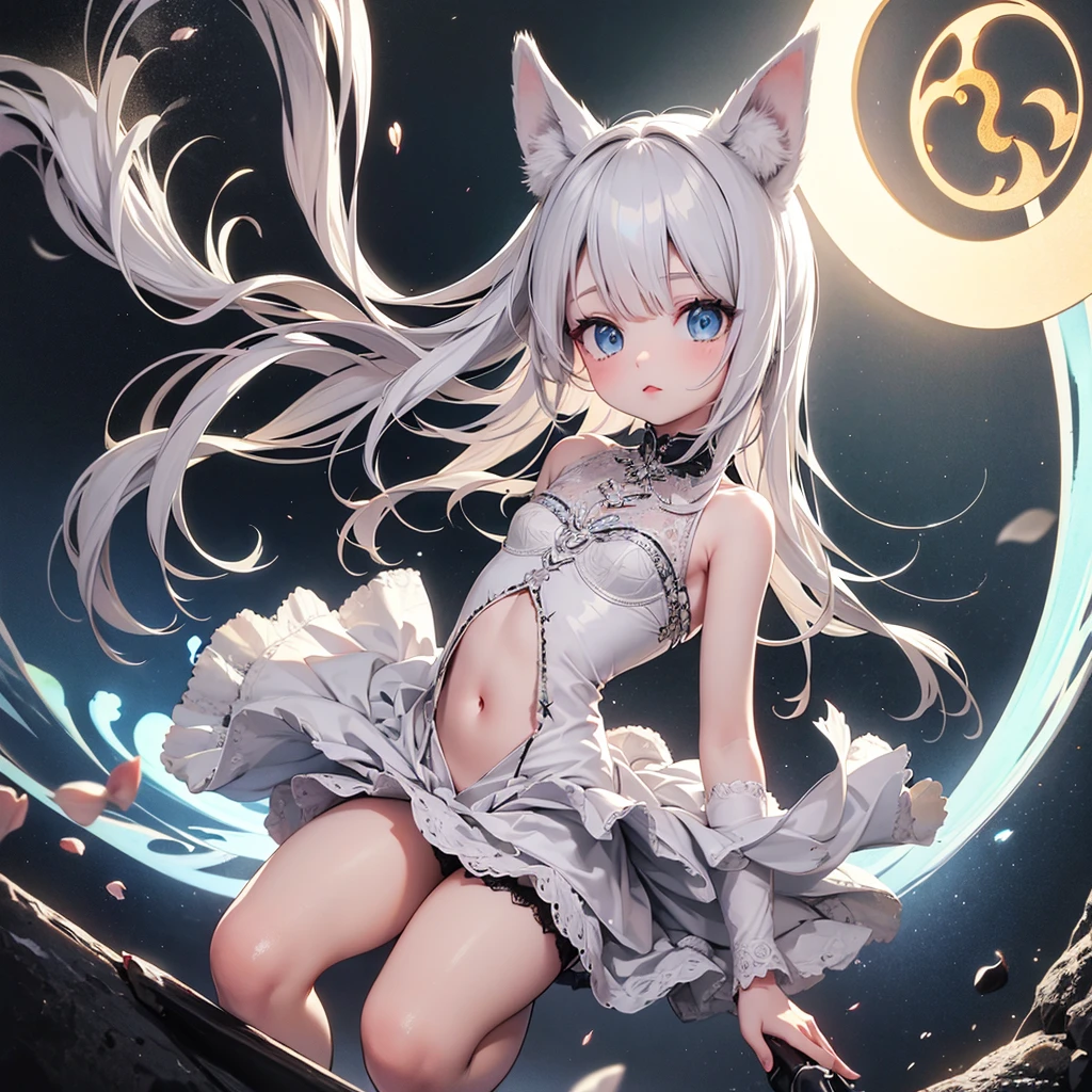 silver hair, dog ears, white dress,wavy hair,delicate features quiet gaze,beautiful half body illustration,beautiful backgraund,atmospheric lighting,sharp focus,vlumetric lighting,cute face,reduce saturation,fine detailed face,small nose and mouth,volumetric top lighting,bold line painting, soft shadow,((masterpiece, best quality)), (1girl), (solo), (female focus),small breasts,flat tits,Lolita,short height,skinny girl,blue eyes,open legs,animal ears,
