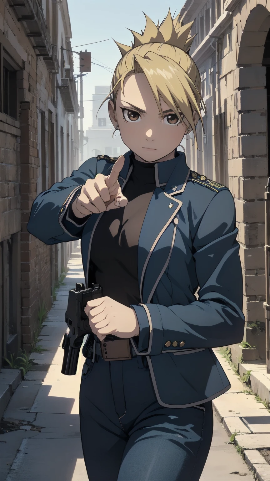 masterpiece, highest quality, High resolution, One girl, Hamriz, Folded ponytail, Brown eyes, Medium chest, uniform, Blue jacket, Blue pants, Are standing, Cowboy Shot, Outdoor, View your viewers,Holding a gun, Pistol Browning M1910, ((Grab a gun)), masterpiece, Detailed Shadows, Detailed light, Very detailed,((Pointing a gun at the viewer)),Possession of a gun, 