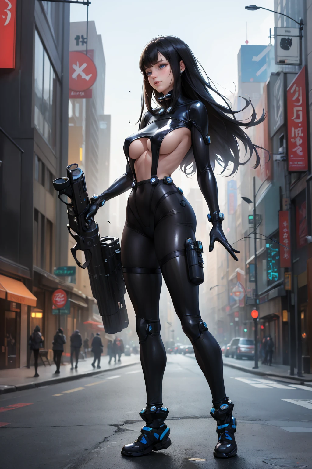 (masterpiece, best quality, absurdres:1.2), photo of a highly detailed (figma) of reika\(bodysuit\), 1girl, solo, [realistic], beatiful woman, thin waist, large breasts, holding sci-fi gun,, full body, cityscape, night, well iluminated, 4k, latex, skidentation, 