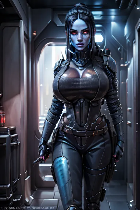 a female chiss with blue skin, black hair, and red eyes, wearing a black jumpsuit, tool belt, in a full body pose, standing next...