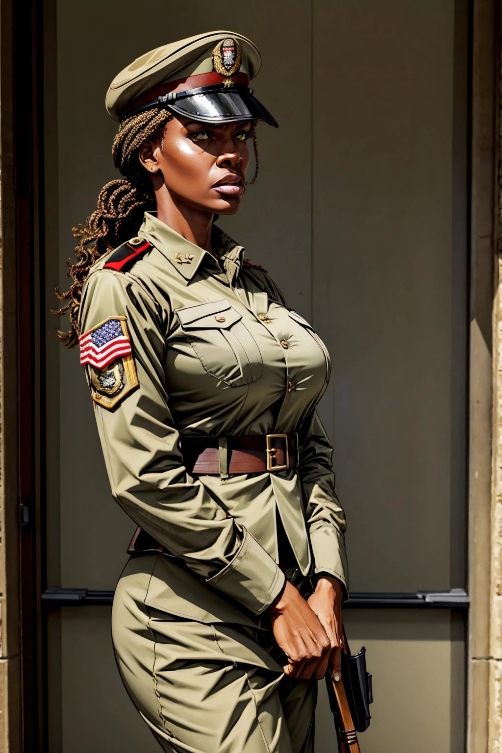 photo of iza woman, dressed as a US Army general {military uniform and hat}, on alert, looking angrily at the spectator, in a headquarters